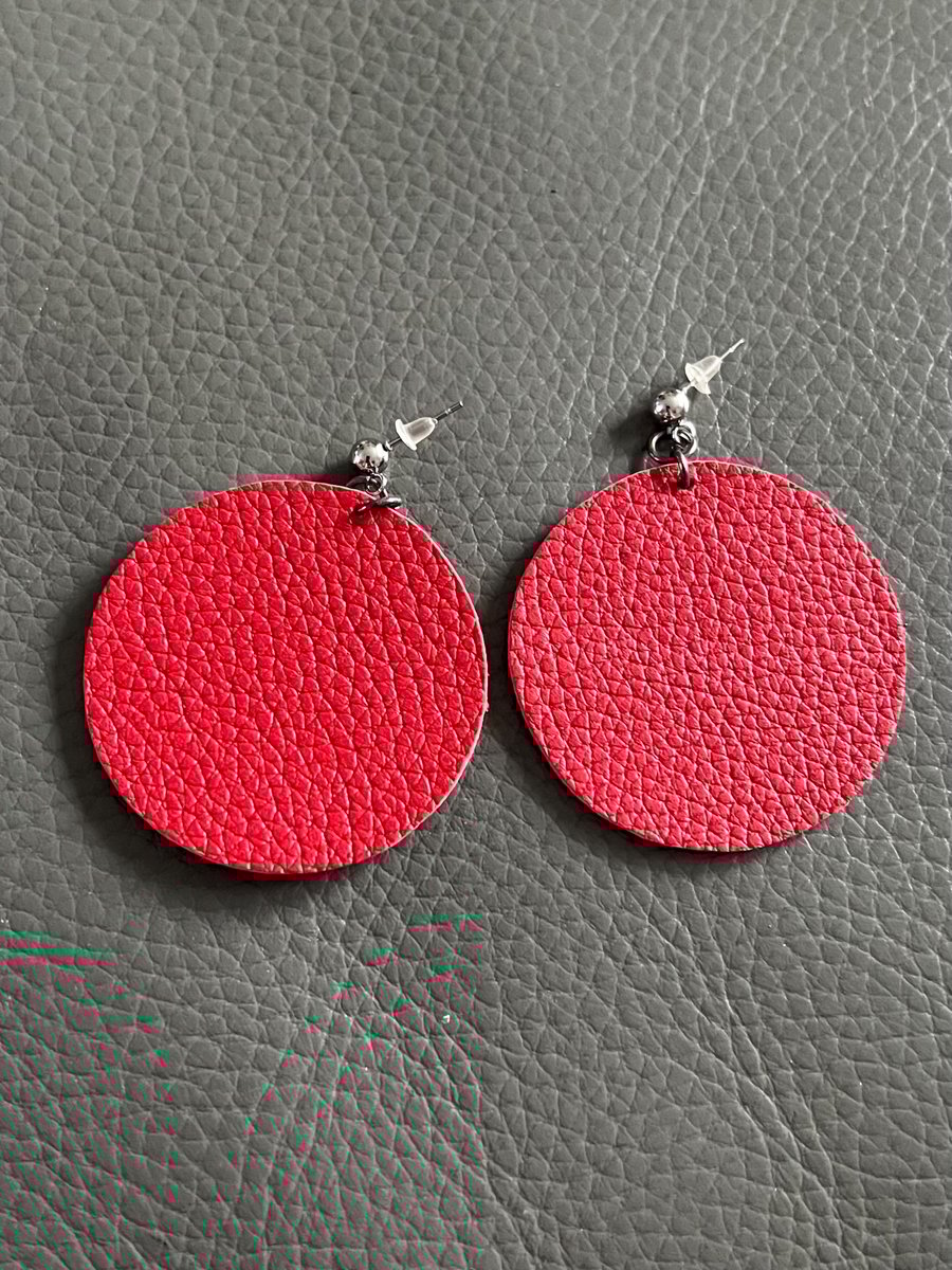 Hand Cut Lightweight Circle Red Leather Earrings - Boho Leather Earrings 