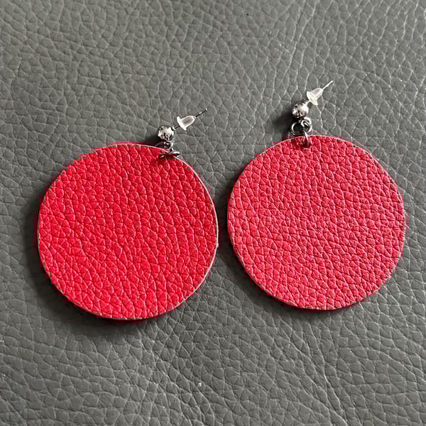 Hand Cut Lightweight Circle Red Leather Earrings - Boho Leather Earrings 