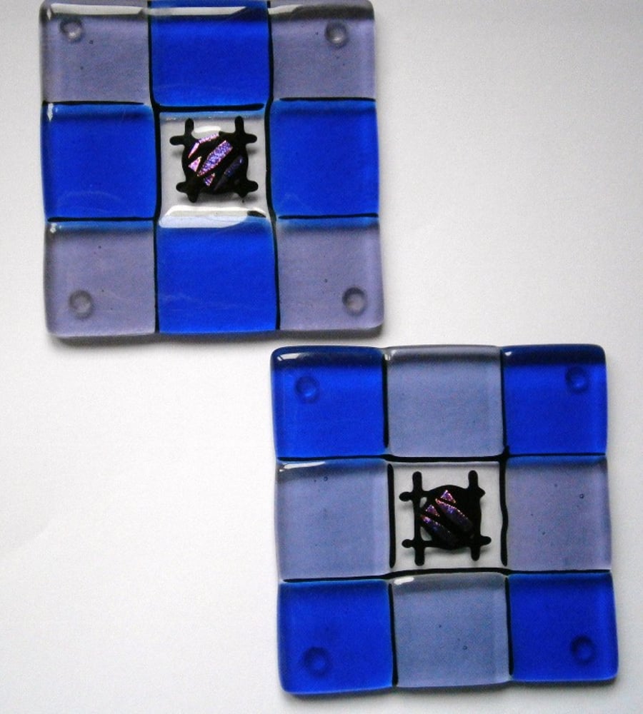 Fused glass coasters in blue and pale lilac