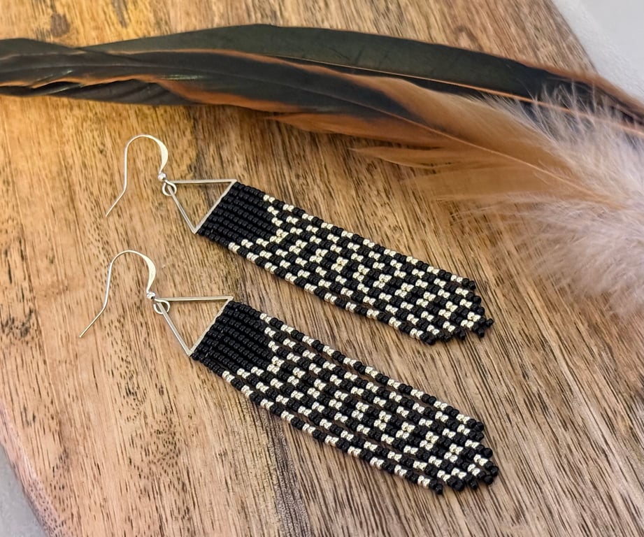 Long silver and black beadwork fringe earrings