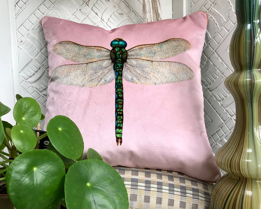 Pink Velvet Dragonfly cushion cover, Luxury velvet and tweed piped pillow cover.