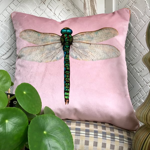 Pink Velvet Dragonfly cushion cover, Luxury velvet and tweed piped pillow cover.