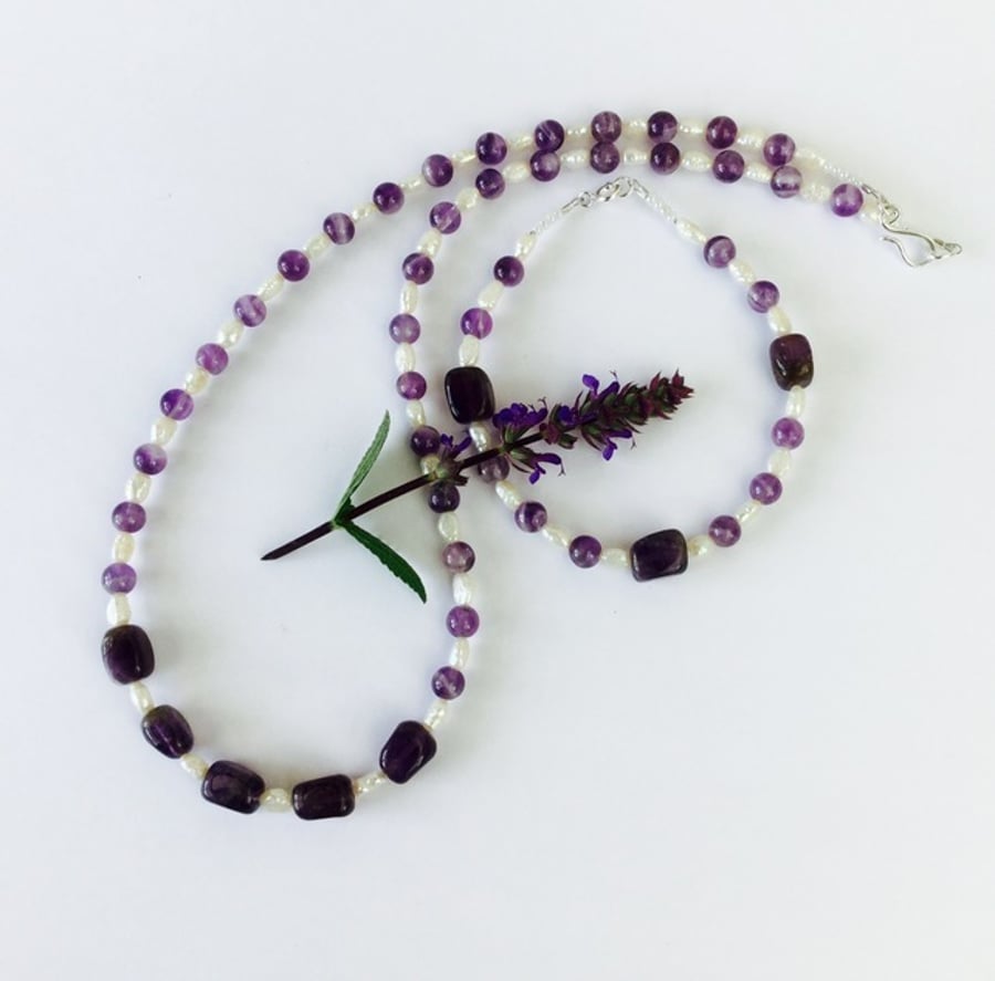 Amethyst, Pearl and Silver Necklace, Bracelet  and Earrings, Jewellery Set