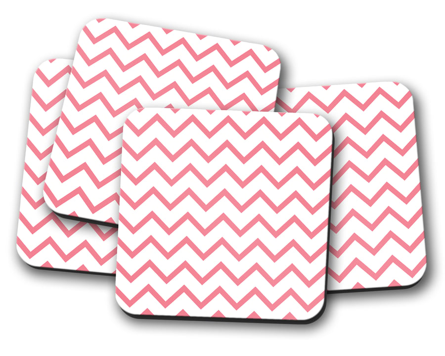 Set of 4 White with Pink Chevron Geometric Design Coasters