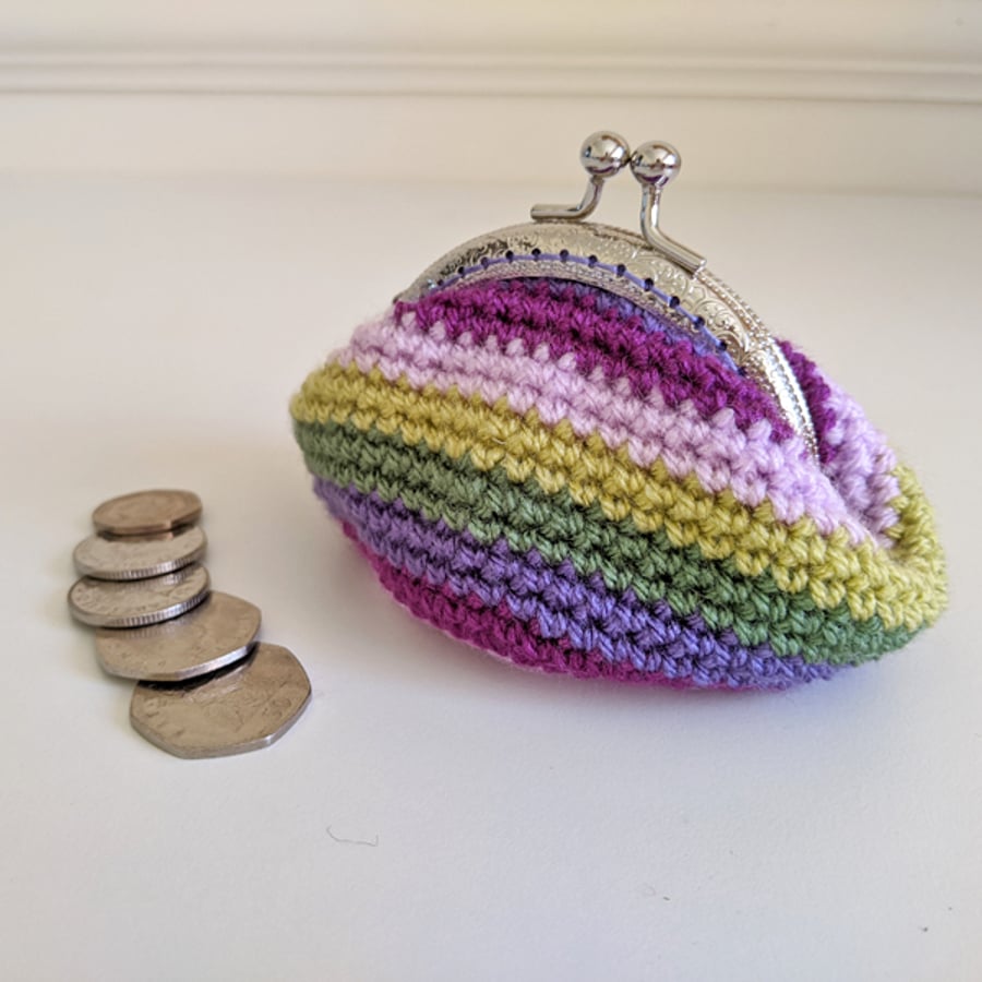 Vintage Style Coin Purse Purple Green Pink Striped Kiss Lock Clasp