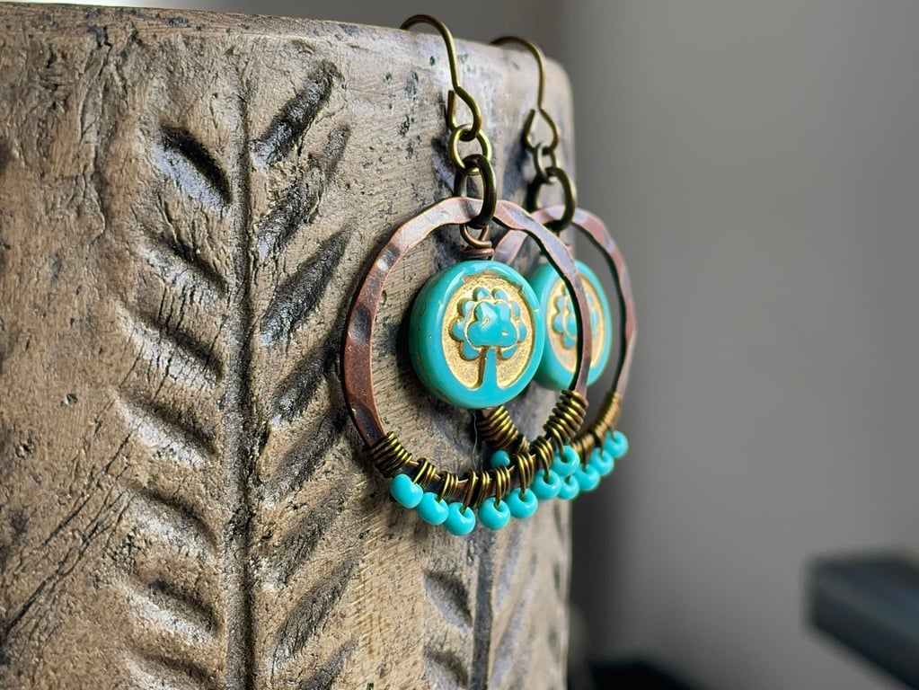 Tree of Life Earrings. Boho Wire Wrapped Hoops. Turquoise Czech Glass Earrings