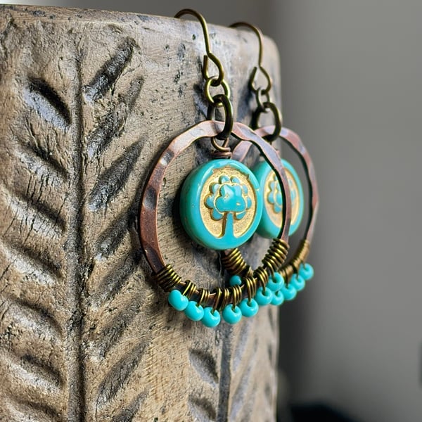 Tree of Life Earrings. Boho Wire Wrapped Hoops. Turquoise Czech Glass Earrings