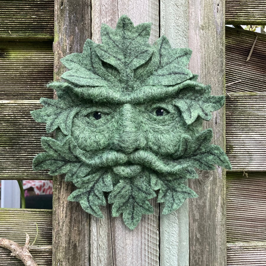 Green man plaque, woollen sculpture, needle felted wall art