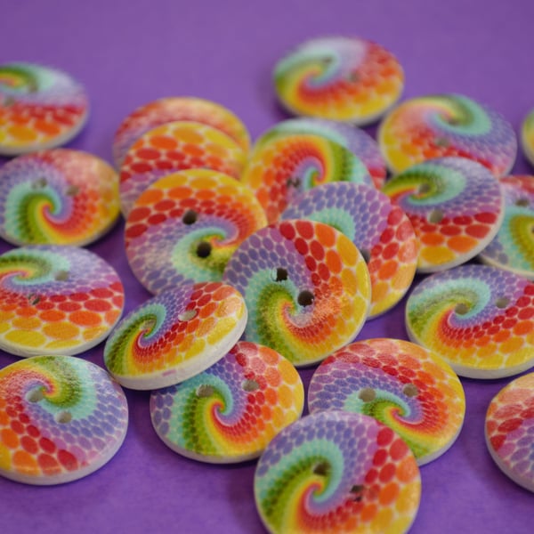 20mm Wooden Rainbow Swirl Buttons Colourful Button (RSW2)