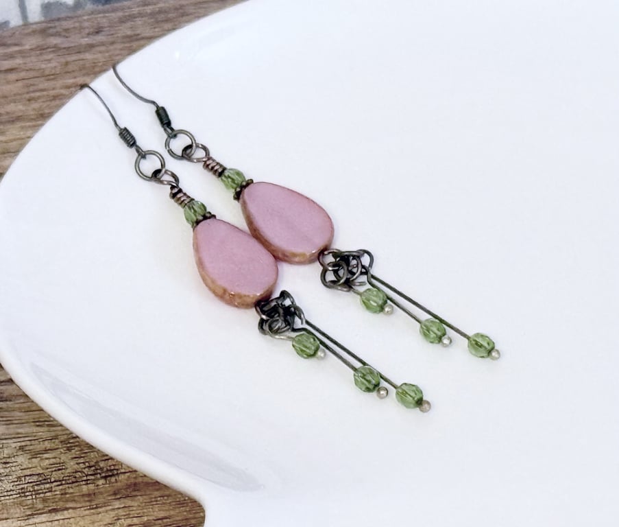 Rose pink teardrop bead earrings with an apple green waterfall drop