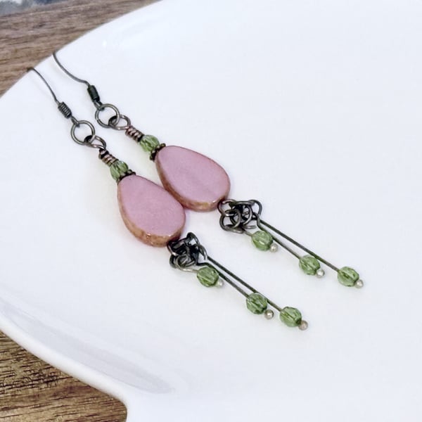 Rose pink teardrop bead earrings with an apple green waterfall drop