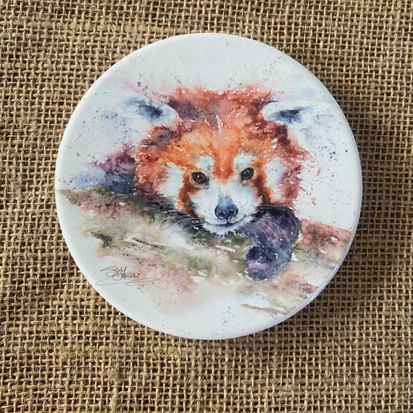 Red Panda Ceramic Coaster with Cork Base, Large 10cm Round Coaster. From a Water