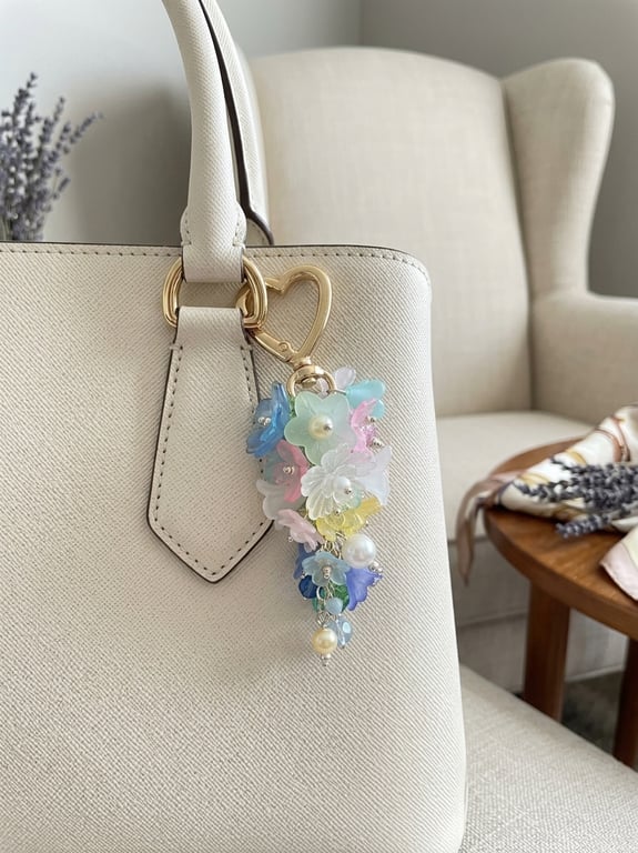 Pretty floral handbag heart charm keyring, holiday accessories 
