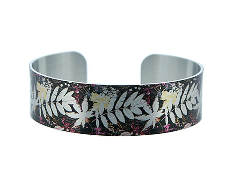  Brushed silver narrow metal cuff bracelet in brown, ferns and leaves. B324