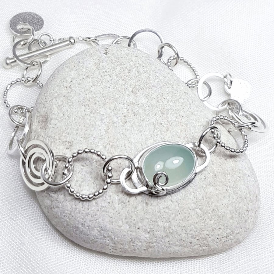 Sterling Silver Bracelet with Chalcedony Gemstone - Silver Charm Bracelet