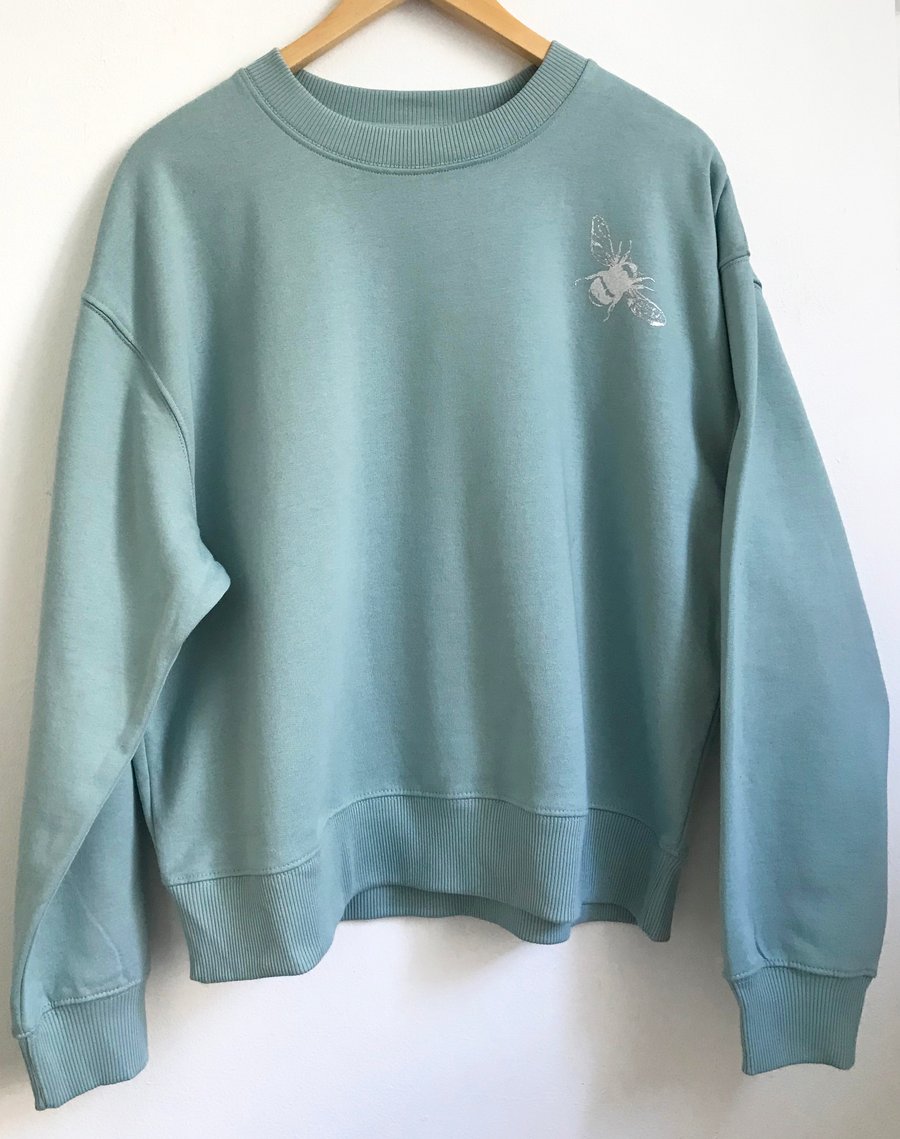 Small Bee Womans slate green organic cotton warm sweatshirt silver bee print 
