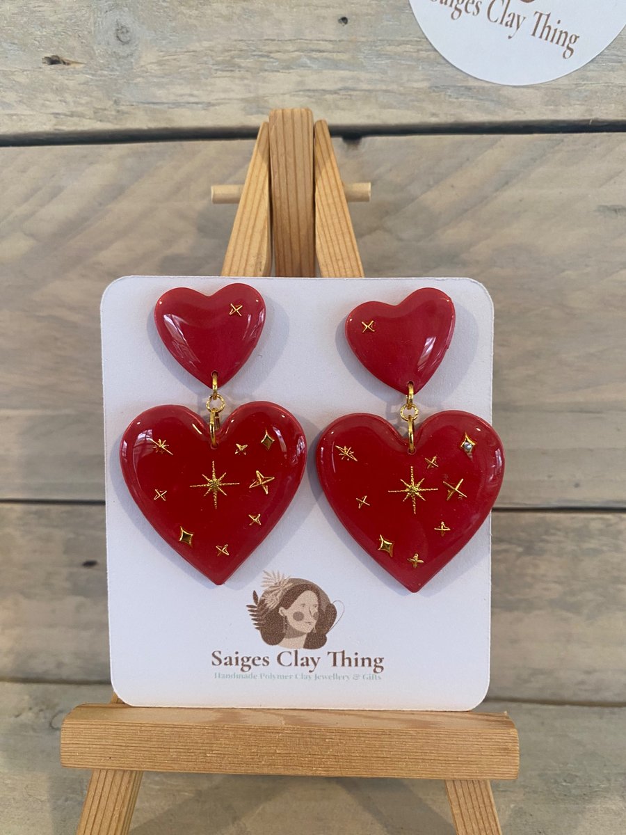 Heart & star earrings, gold star earrings, ruby red