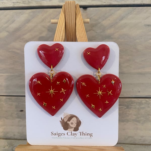 Heart & star earrings, gold star earrings, ruby red