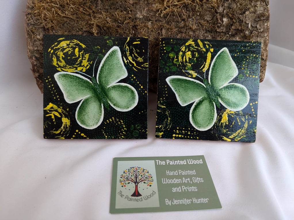 Hand Painted Oak Wood Coaster Set of 2, Green Butterflies