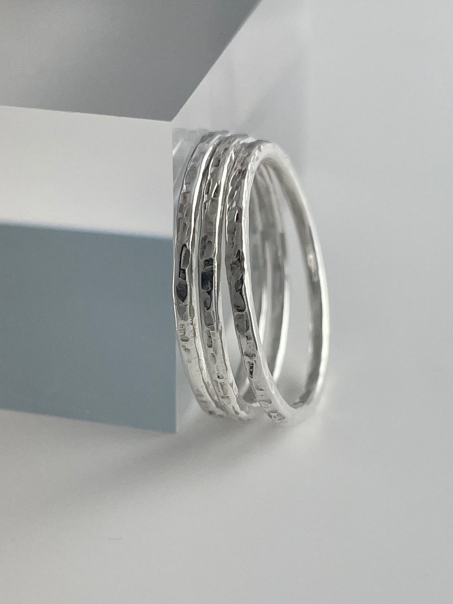 Set of Three 1.5mm Sterling Silver Hammered-Sparkly Stacking Rings Sizes H-Z