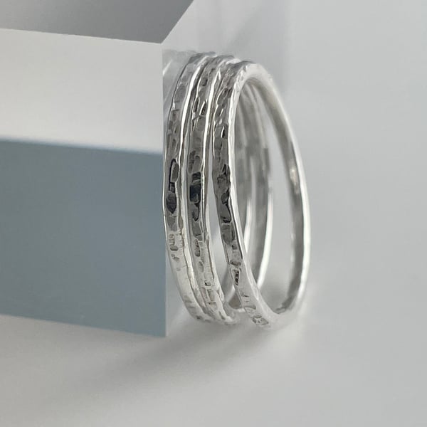 Set of Three 1.5mm Sterling Silver Hammered-Sparkly Stacking Rings Sizes H-Z