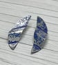 Aluminium Stud Earrings, Folded Design, Imprinted Floral Pattern, Silver Blue - Image 2