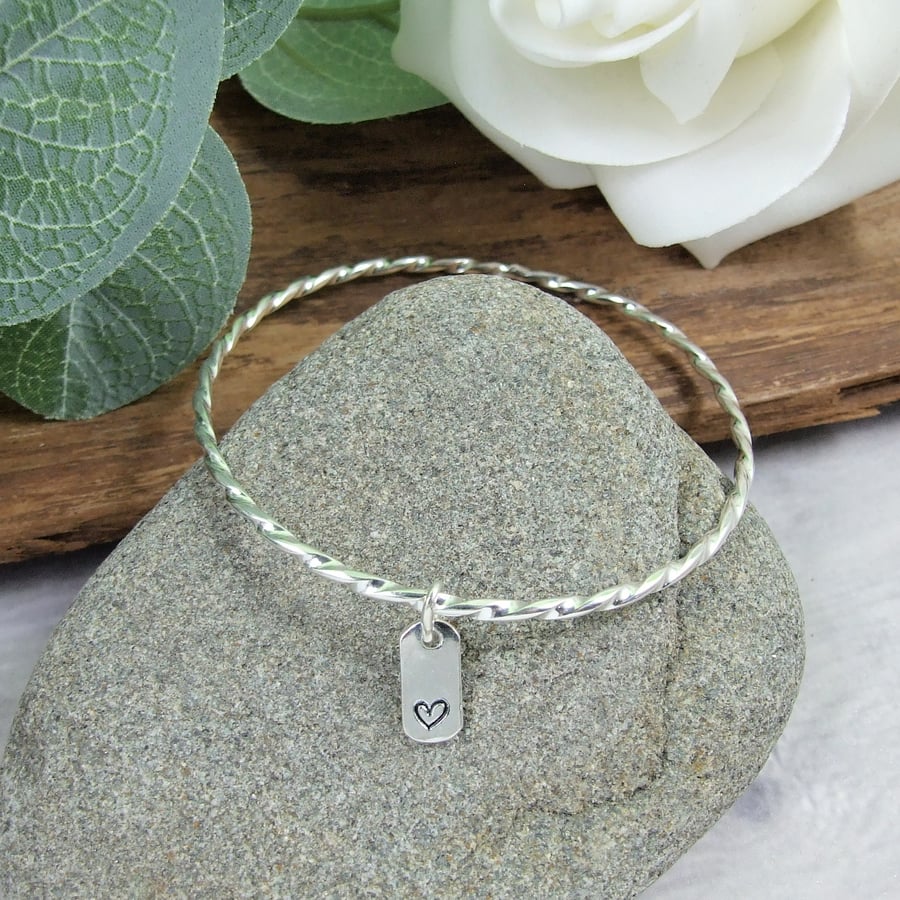 Sterling Silver Bangle with Heart Stamped on Bar. Size Small