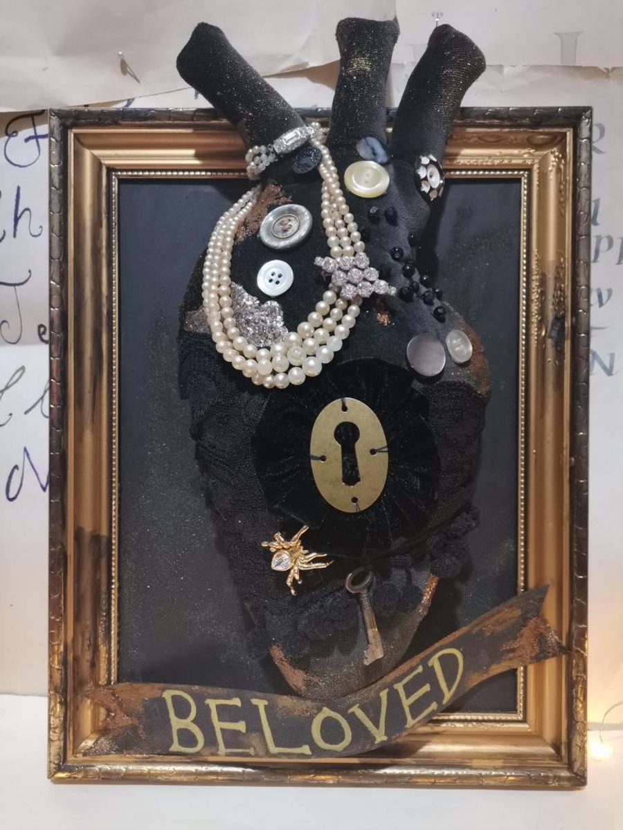 Textile Art Heart, Beloved, framed heart, memento mori, Victorian decor