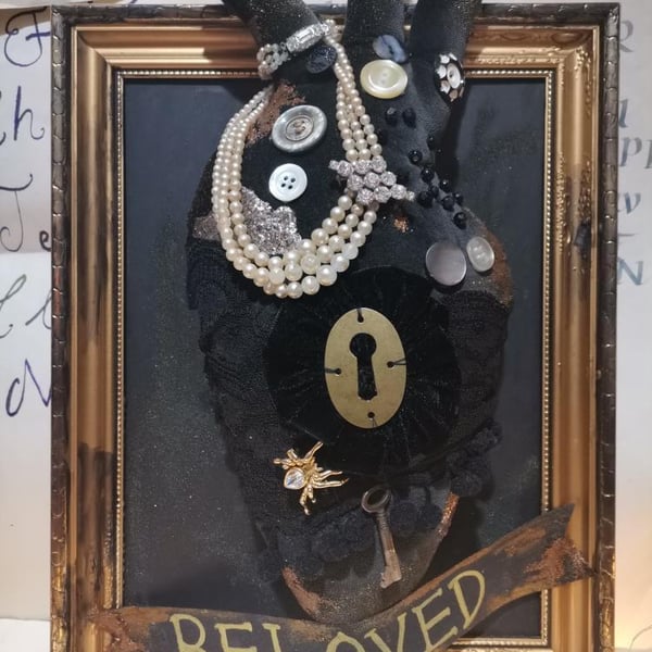Textile Art Heart, Beloved, framed heart, memento mori, Victorian decor