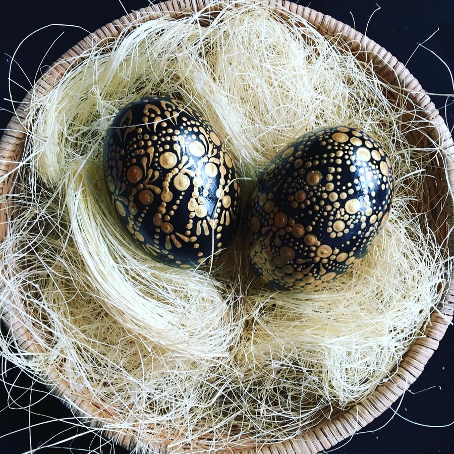 2 wooden Easter eggs , one of a kind, gold  on black 