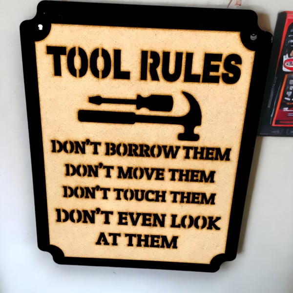 Tool rules wall hanging sign, Vintage Charm Meets Workshop Inspiration: 