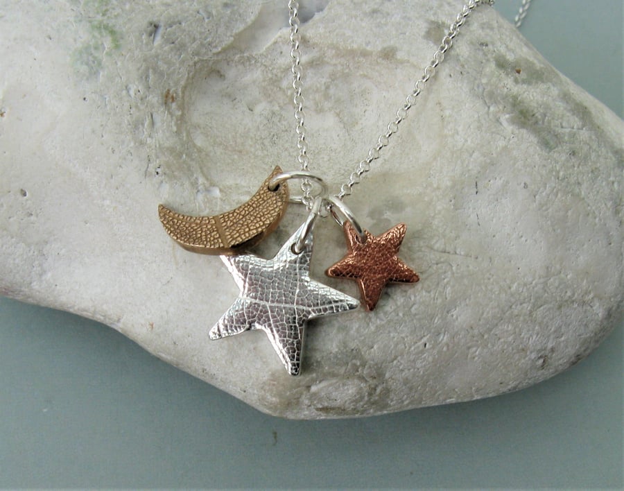 Hallmarked moon and stars necklace in silver, copper and bronze
