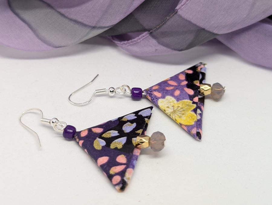   Japanese paper triangle earrings: purple, lilac and pink