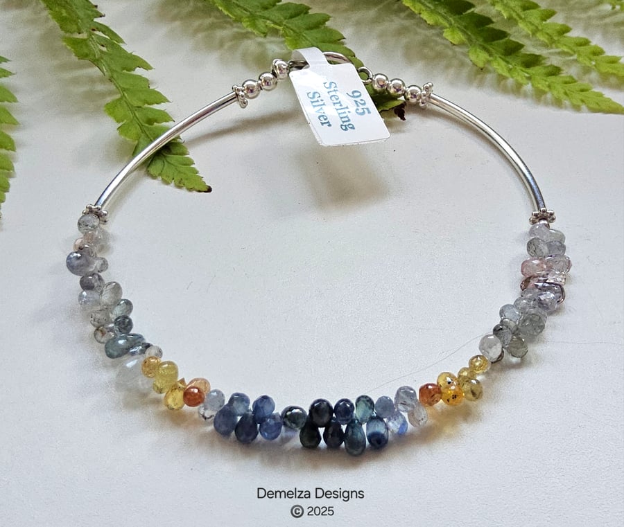  Designer Briolette Faceted Sapphire Drops Sterling Silver Bracelet 20.03cms