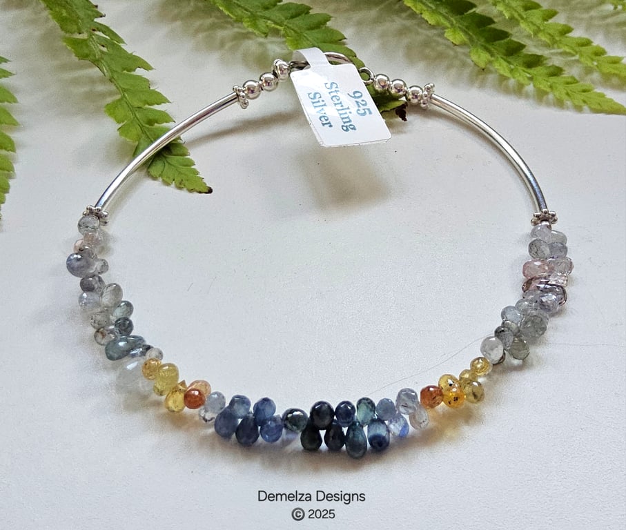  Designer Briolette Faceted Sapphire Drops Sterling Silver Bracelet 20.03cms