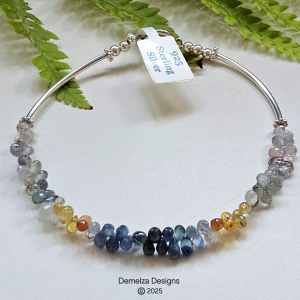  Designer Briolette Faceted Sapphire Drops Sterling Silver Bracelet 20.03cms