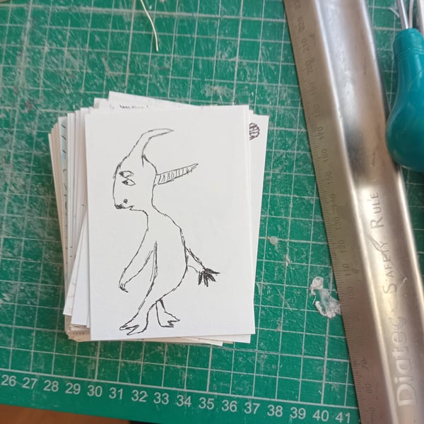 Original pen drawing aceo. Humorous devil demon cute