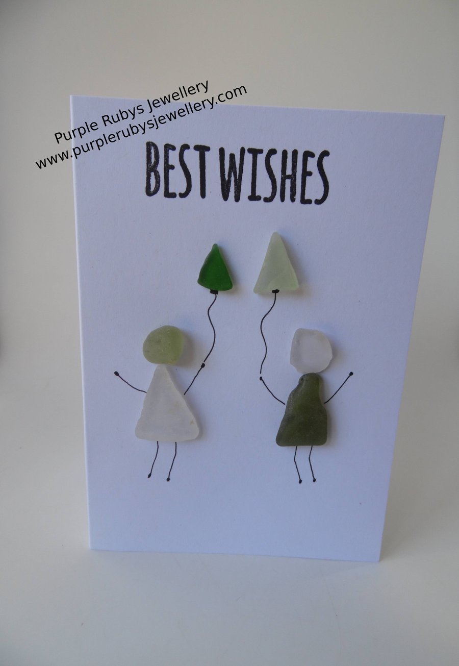 Best Wishes Sea Glass Celebration People & Green Balloons Birthday Card C330