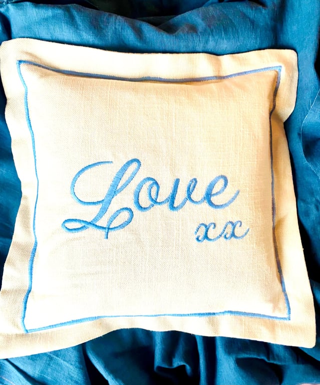 LOVE is BLUE Embroidered Keepsake linen cushion.