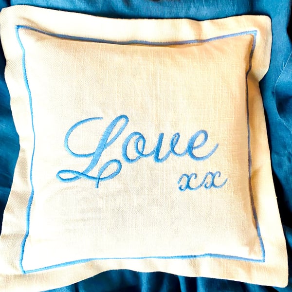 LOVE is BLUE Embroidered Keepsake linen cushion.