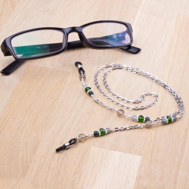 Glasses chain strap - Green Moss Agate gemstone with green and grey beads