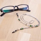 Glasses chain strap - Green Moss Agate gemstone with green and grey beads