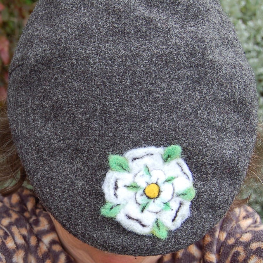 Upcycled  M&S Charcoal Grey Wool Flat Cap Size - Yorkshire Rose - unisex - Small