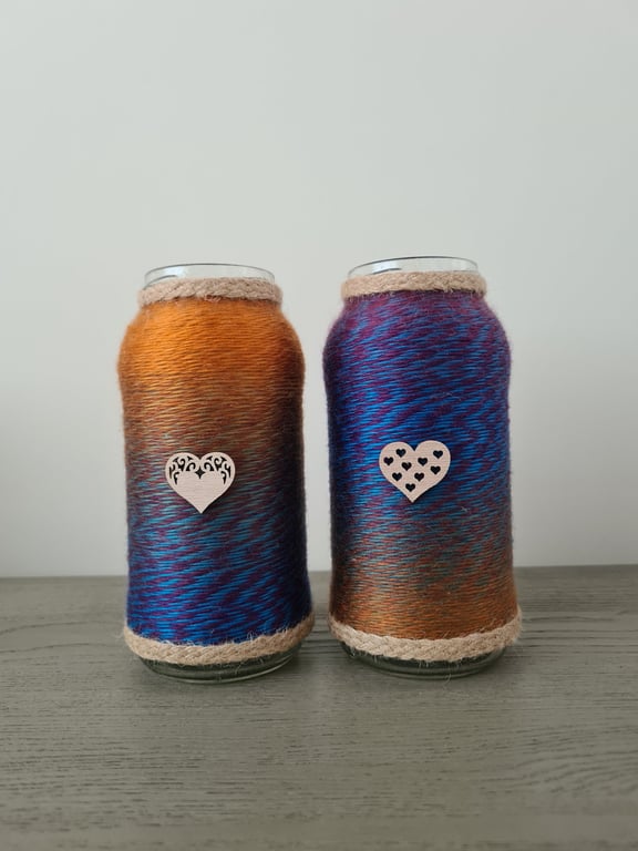 Set of 2 upcycled glass jars wrapped with marble effect yarn