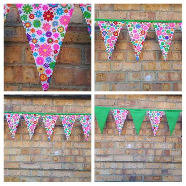 Bunting in flower and green fabric. 