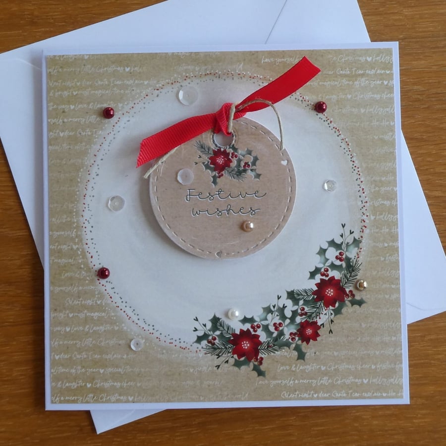 Christmas Card - Wreath With Red Poinsettias- Festive Wishes