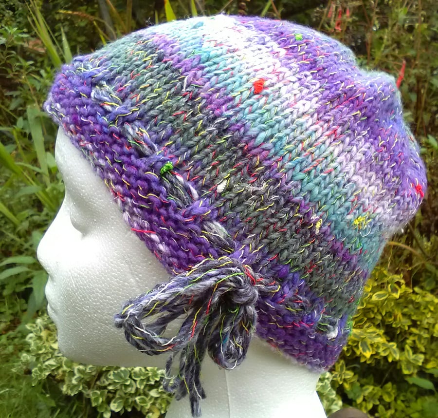Handknit Noro cotton silk & wool hat purple aqua sage stripes Medium