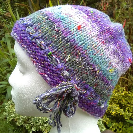 Handknit Noro cotton silk & wool hat purple aqua sage stripes Medium