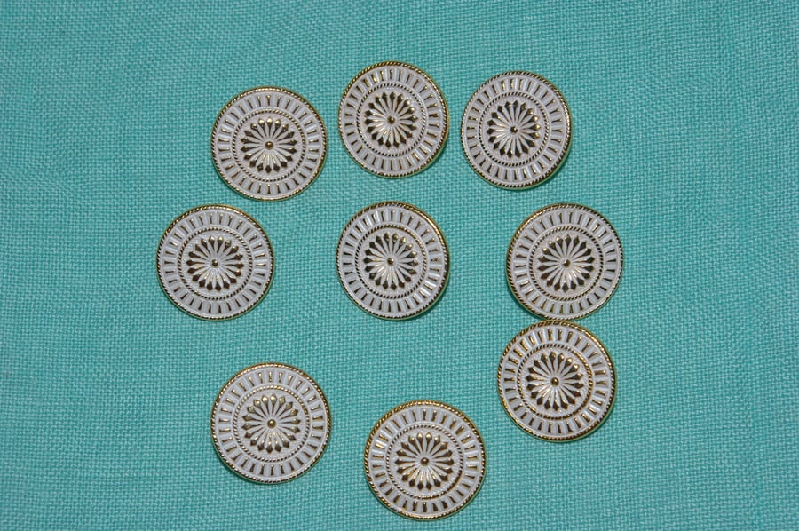 Buttons a Set of Nine White and Gold Colour Shanked Metal Buttons