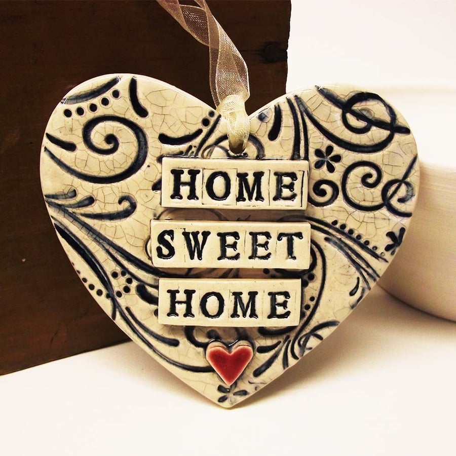 Blue ceramic heart decoration Home Sweet Home Pottery